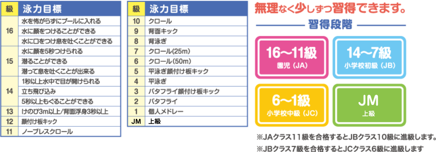 スイミングスクール進級段階表